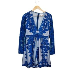 Fairy Core Embroidered Floral Dress Large Blue V Neck Semi Sheer Feminine Formal